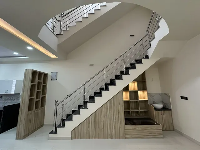 Granite staircase with Jindal stainless steel railing